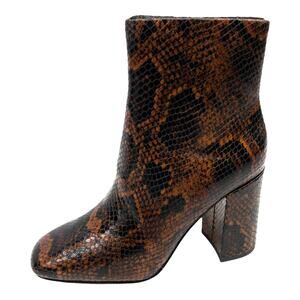 Ash Brown Snake Python Jade Square Toe Leather Block Heel Calf Boots 36 US 5